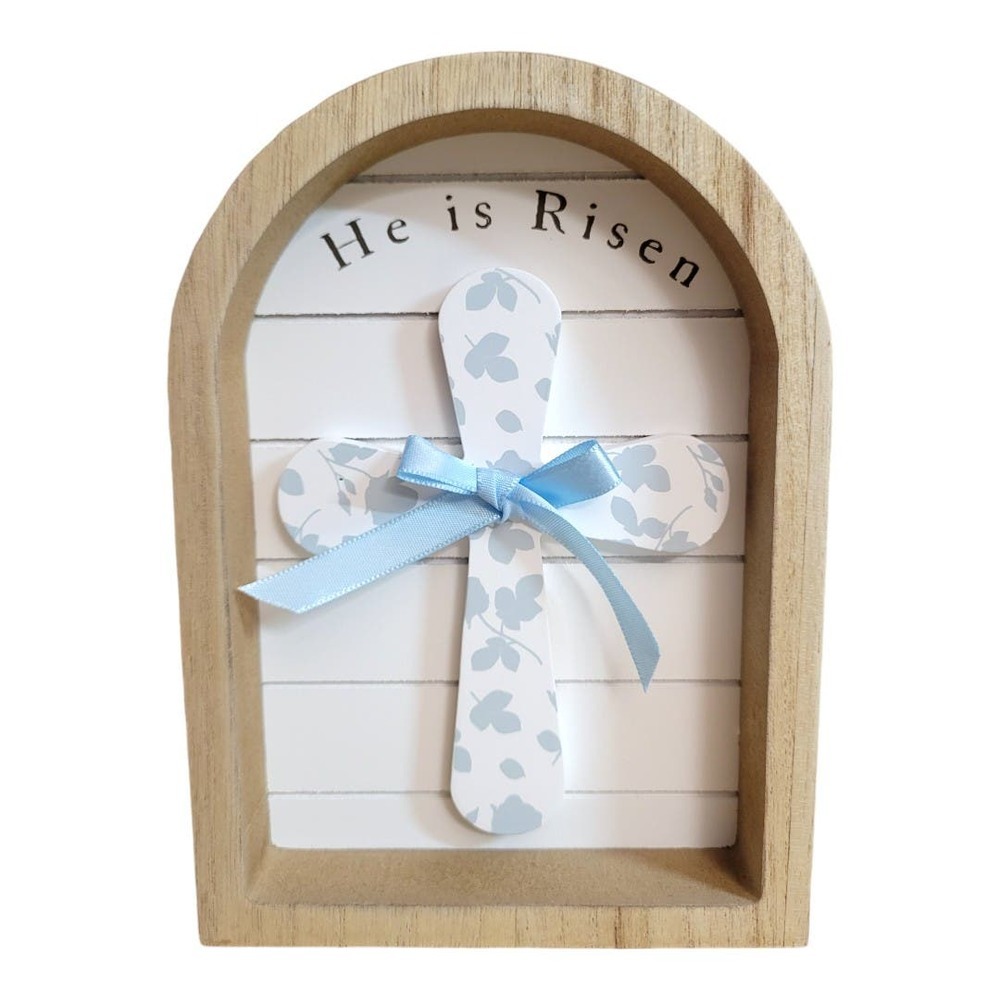 NEW "He is Risen" Blue Shadowbox Cross Wooden Home Decor (Size: 7" x 5" x 1.5") - Picture 1 of 7